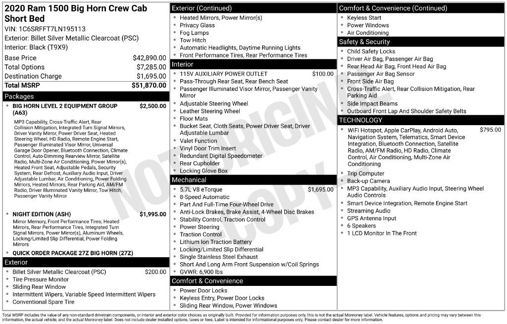 2020 RAM Ram 1500 Big Horn Crew Cab 4x4 5'7' Box