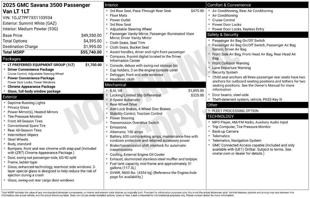 2025 GMC Savana Passenger RWD 3500 Extended Wheelbase LT