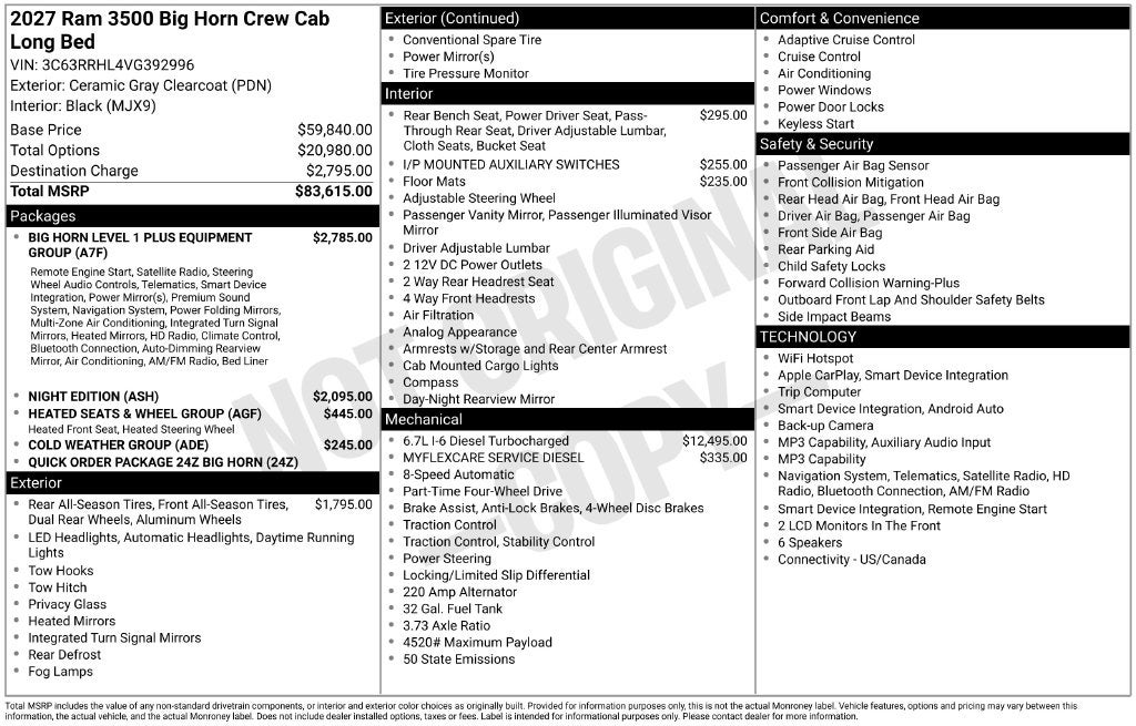 2027 RAM Ram 3500 RAM 3500 BIG HORN CREW CAB 4X4 8' BOX