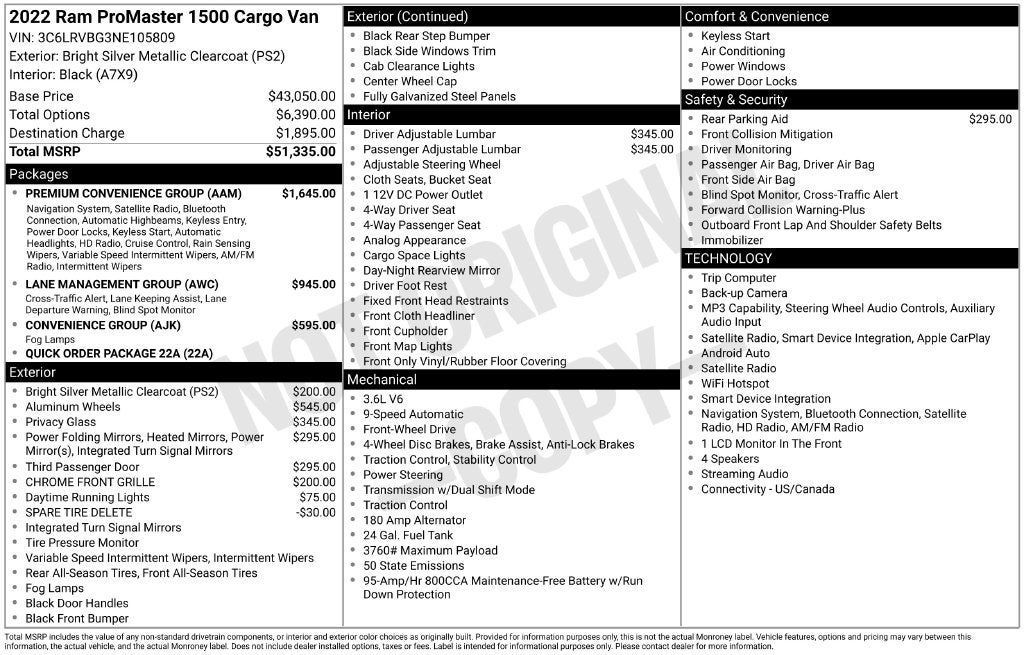 2022 RAM Ram ProMaster 1500 Cargo Van High Roof 136' WB